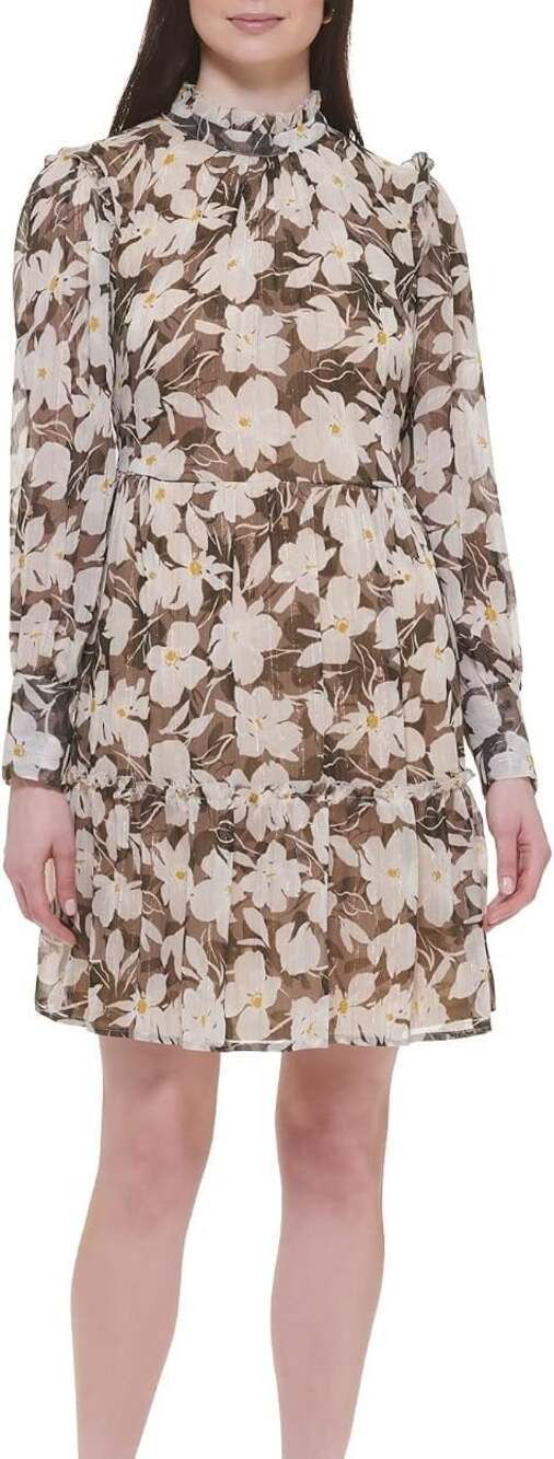 Tommy Hilfiger Chiffon Shift Dress Beige/Brown Floral Raffle Line Size 8
